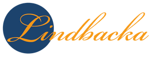 Logotype för Lindbacka bruk. En blå cikel med ett L i och texten Lindbacka.
